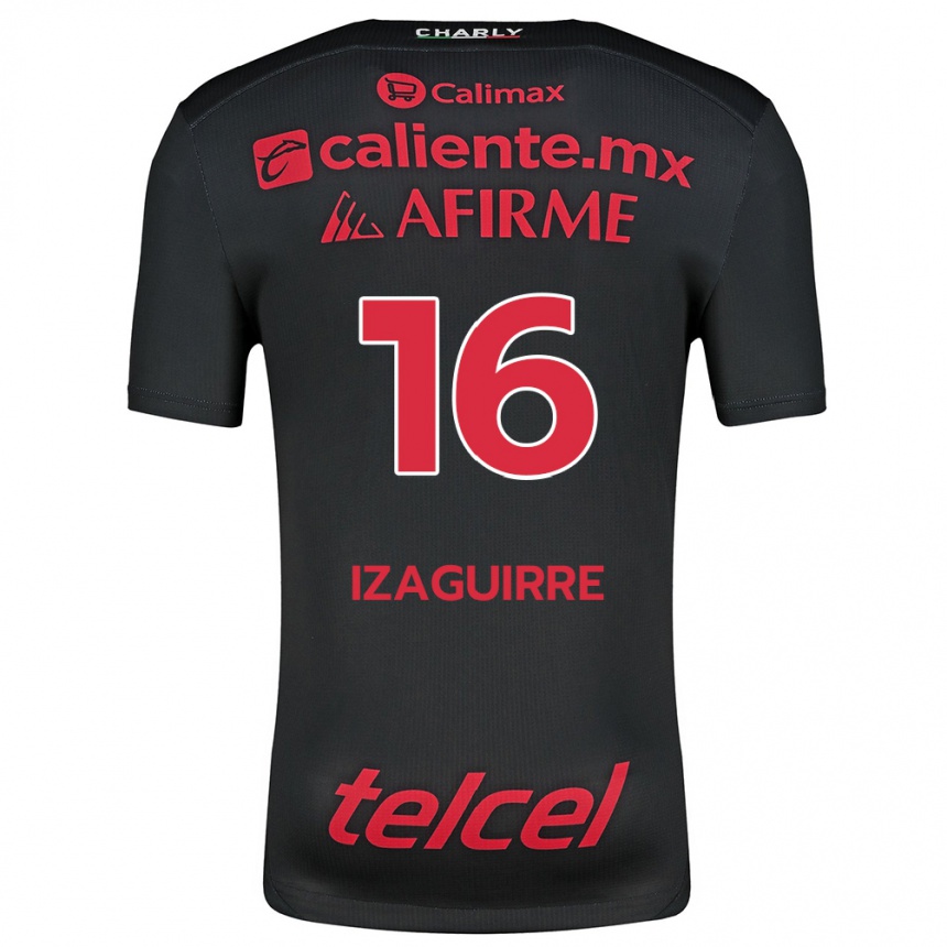 Kids Football Estefanía Izaguirre #16 Black Red Home Jersey 2024/25 T-Shirt