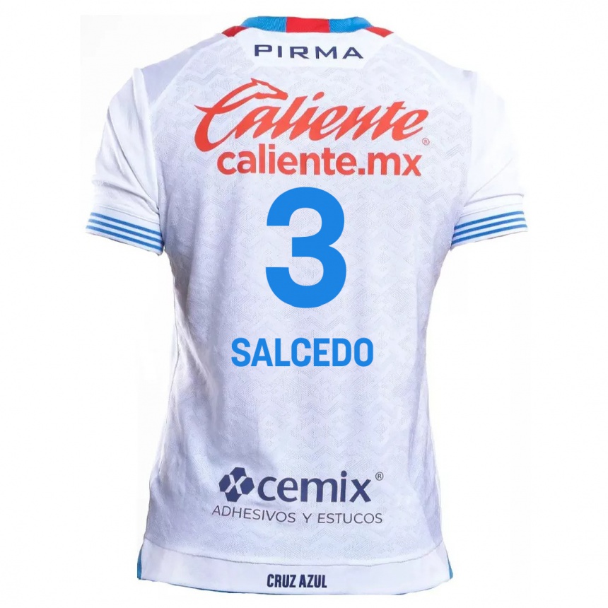 Kids Football Carlos Salcedo #3 White Blue Away Jersey 2024/25 T-Shirt