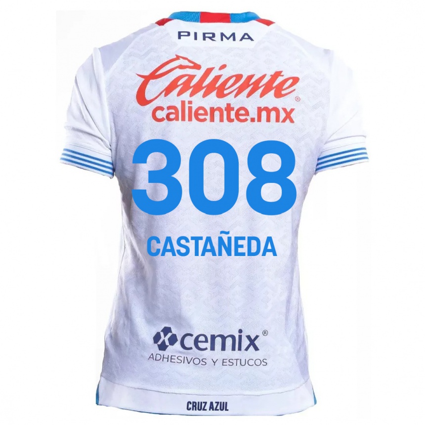 Kids Football Emiliano Castañeda #308 White Blue Away Jersey 2024/25 T-Shirt