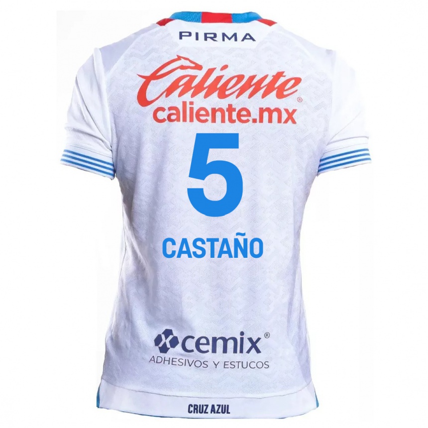 Kids Football Kevin Castaño #5 White Blue Away Jersey 2024/25 T-Shirt