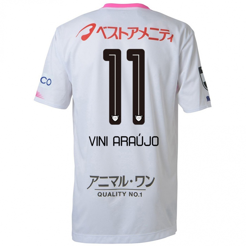 Kids Football Vinícius Araújo #11 White Blue Pink Away Jersey 2024/25 T-Shirt