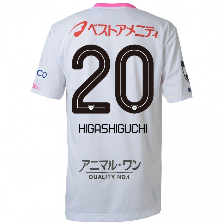 Kids Football Aitaro Higashiguchi #20 White Blue Pink Away Jersey 2024/25 T-Shirt