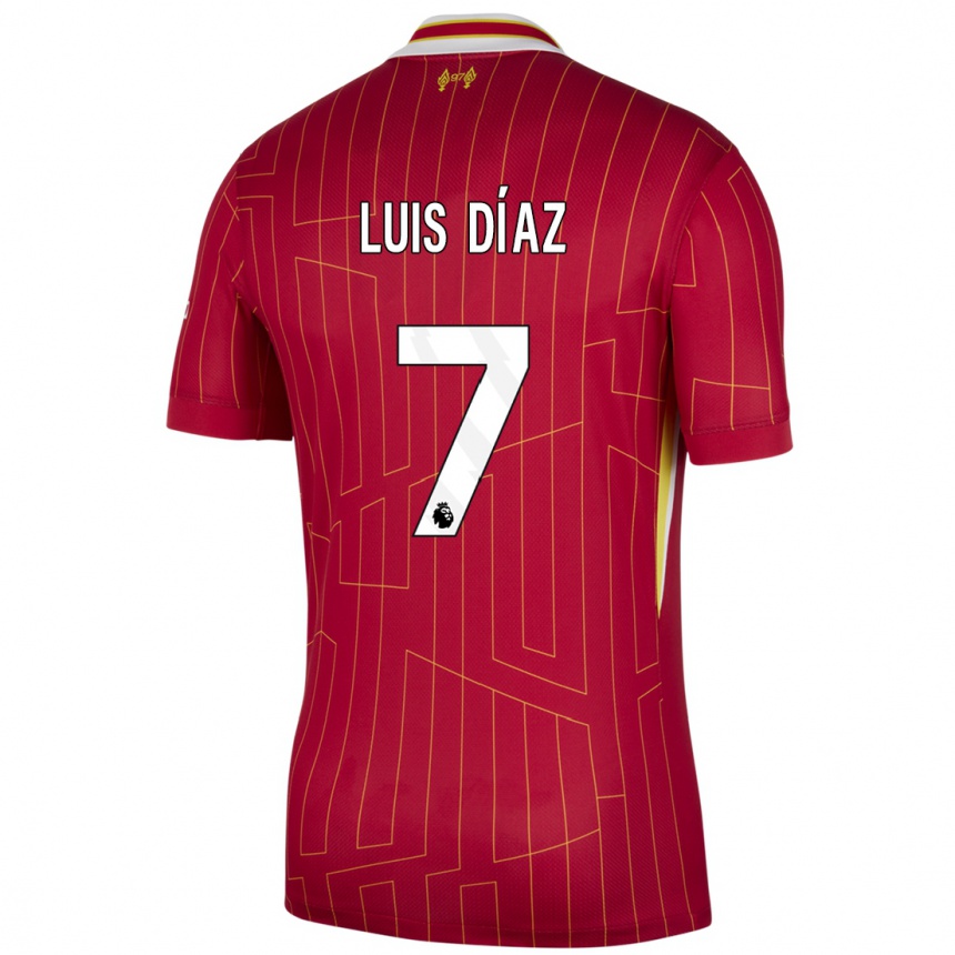 Kids Football Luis Diaz #7 Red Yellow White Home Jersey 2024/25 T-Shirt