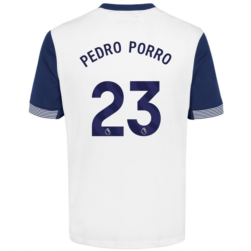 Kids Football Pedro Porro #23 White Blue Home Jersey 2024/25 T-Shirt