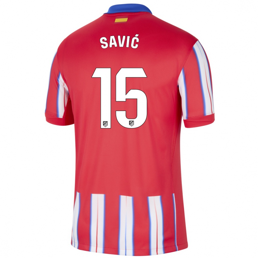 Kids Football Stefan Savic #15 Red White Blue Home Jersey 2024/25 T-Shirt