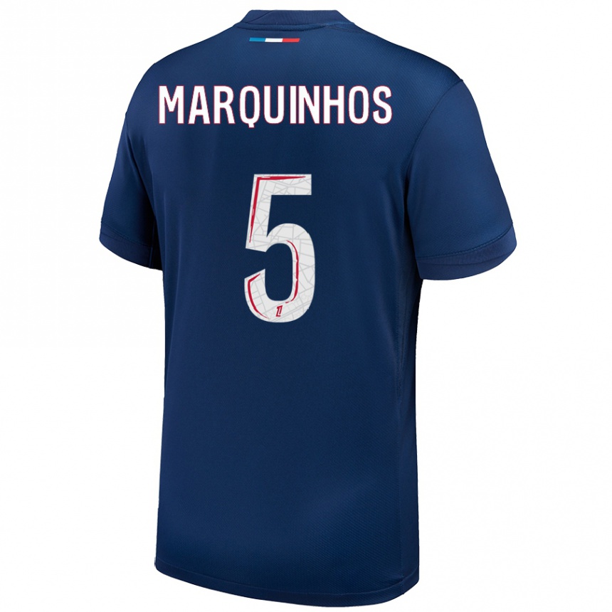 Kids Football Marquinhos #5 Navy Blue White Home Jersey 2024/25 T-Shirt