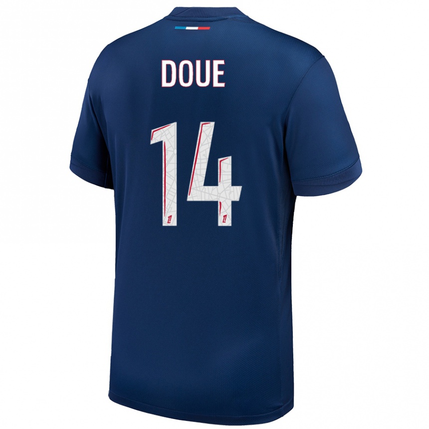 Kids Football Désiré Doué #14 Navy Blue White Home Jersey 2024/25 T-Shirt