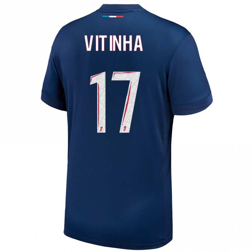 Kids Football Vitinha #17 Navy Blue White Home Jersey 2024/25 T-Shirt