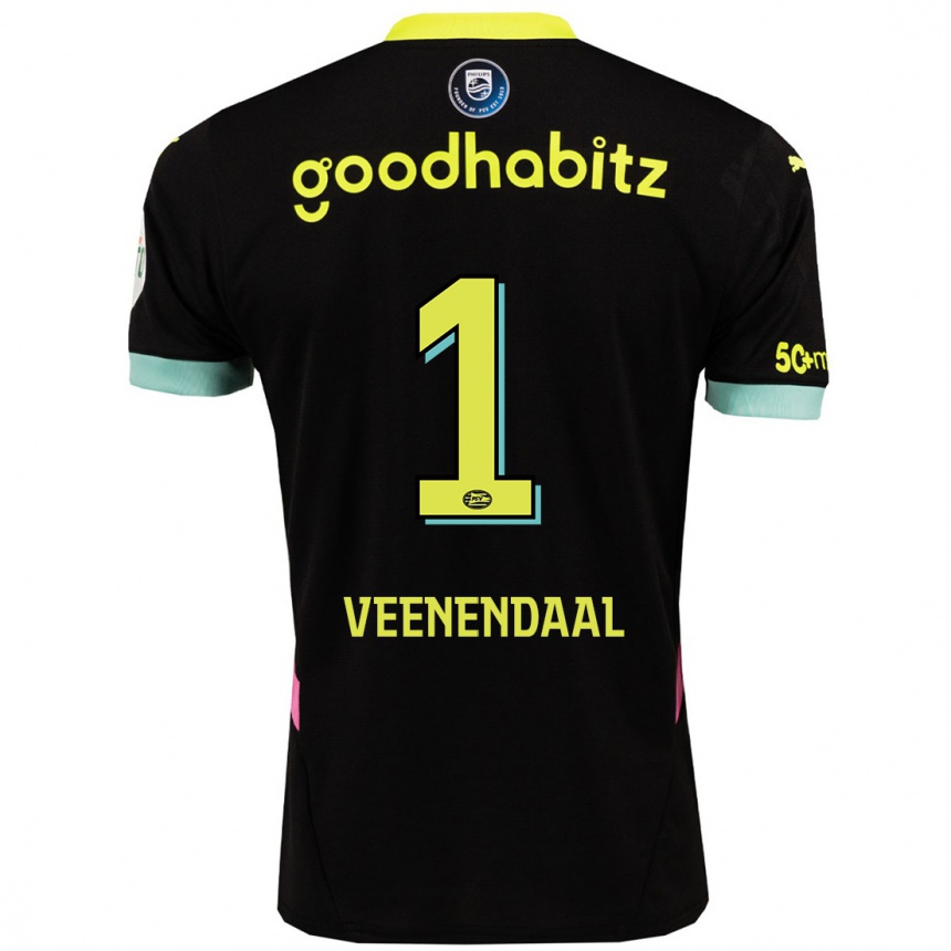 Kids Football Sari Van Veenendaal #1 Black Yellow Away Jersey 2024/25 T-Shirt