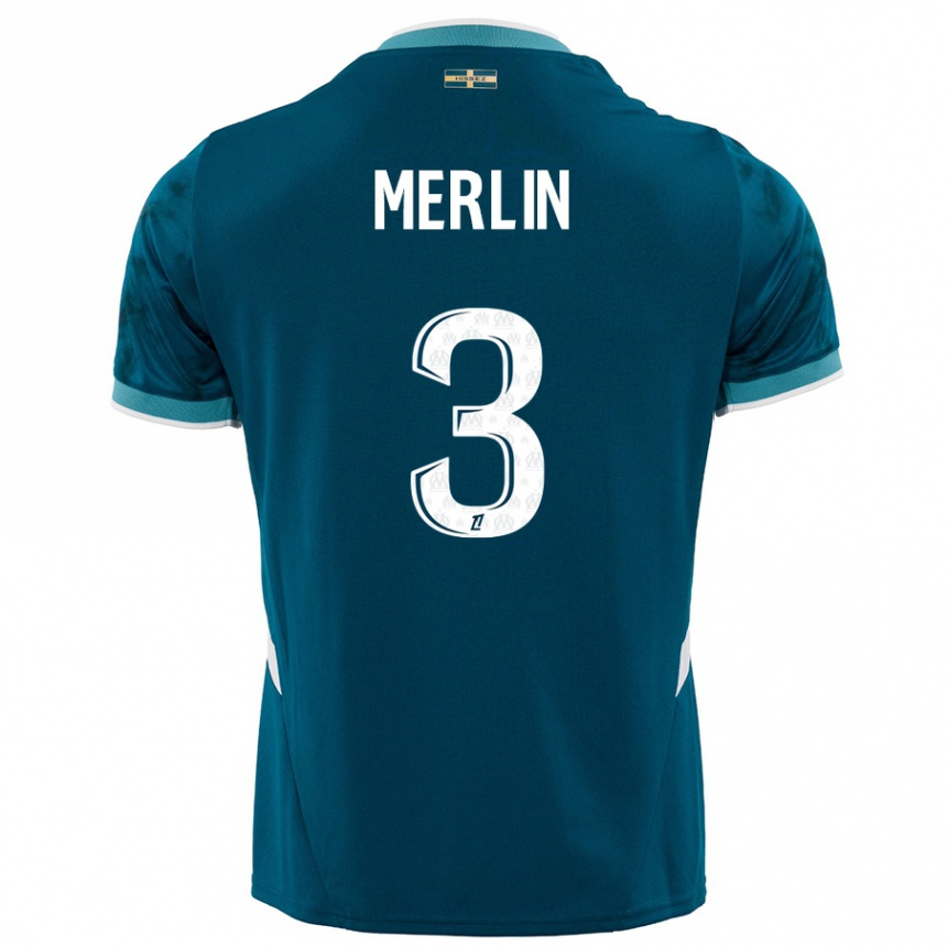 Kids Football Quentin Merlin #3 Turquoise Blue Away Jersey 2024/25 T-Shirt