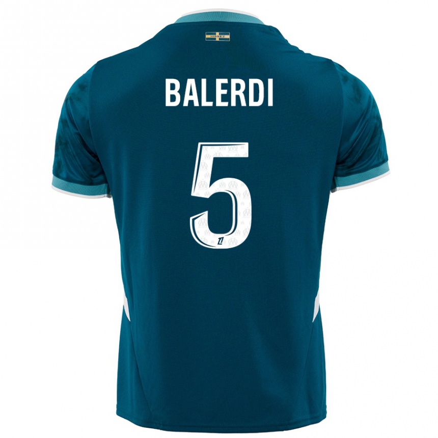 Kids Football Leonardo Balerdi #5 Turquoise Blue Away Jersey 2024/25 T-Shirt