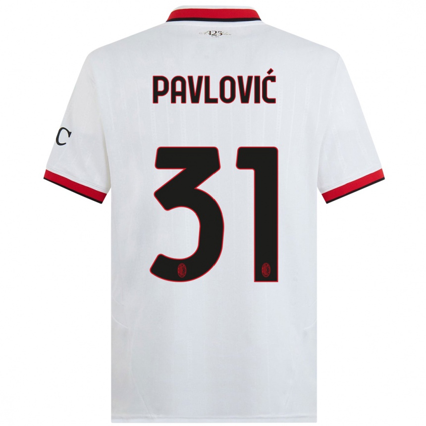 Kids Football Strahinja Pavlović #31 White Black Red Away Jersey 2024/25 T-Shirt