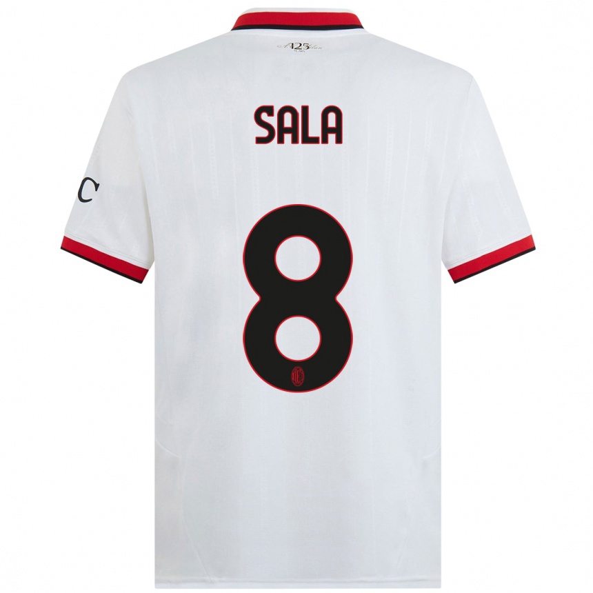 Kids Football Emanuele Sala #8 White Black Red Away Jersey 2024/25 T-Shirt