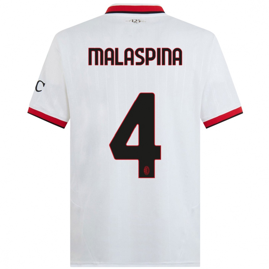 Kids Football Mattia Malaspina #4 White Black Red Away Jersey 2024/25 T-Shirt