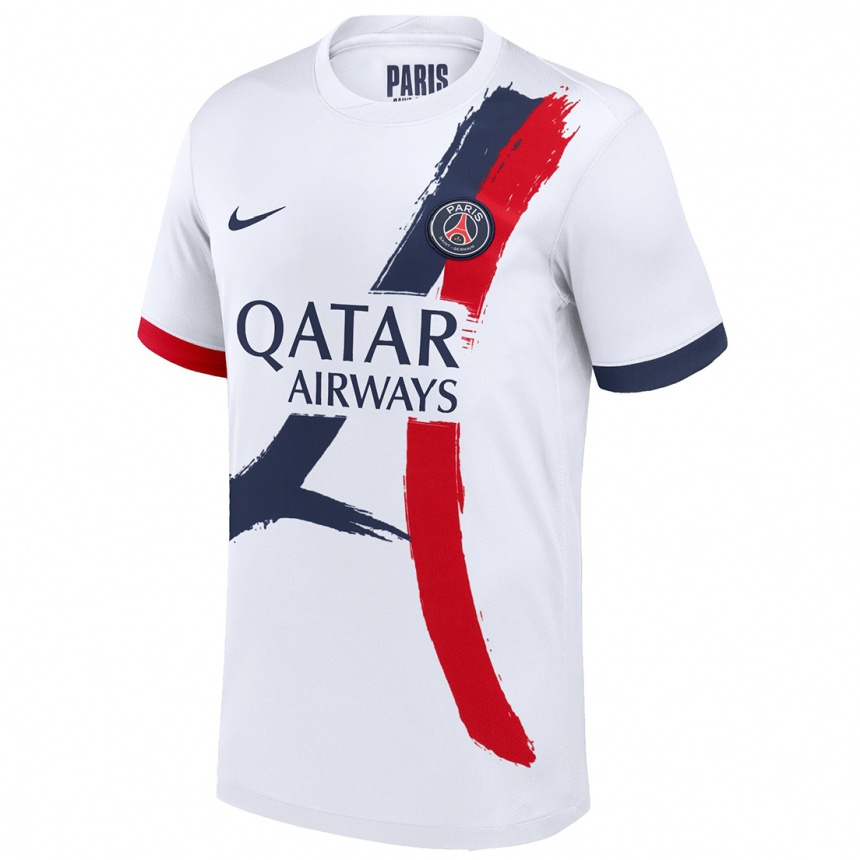 Kids Football Désiré Doué #14 White Blue Red Away Jersey 2024/25 T-Shirt