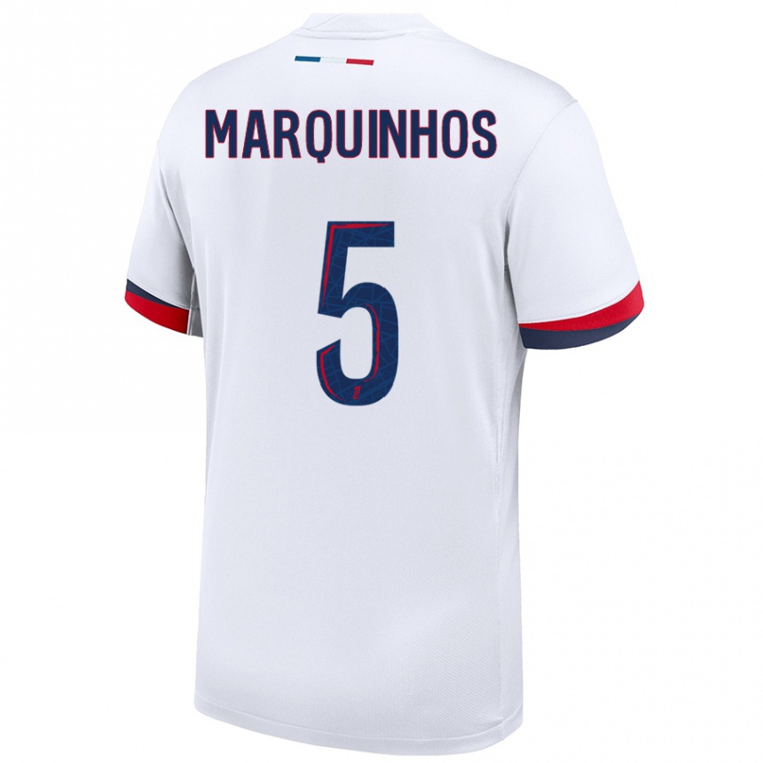 Kids Football Marquinhos #5 White Blue Red Away Jersey 2024/25 T-Shirt