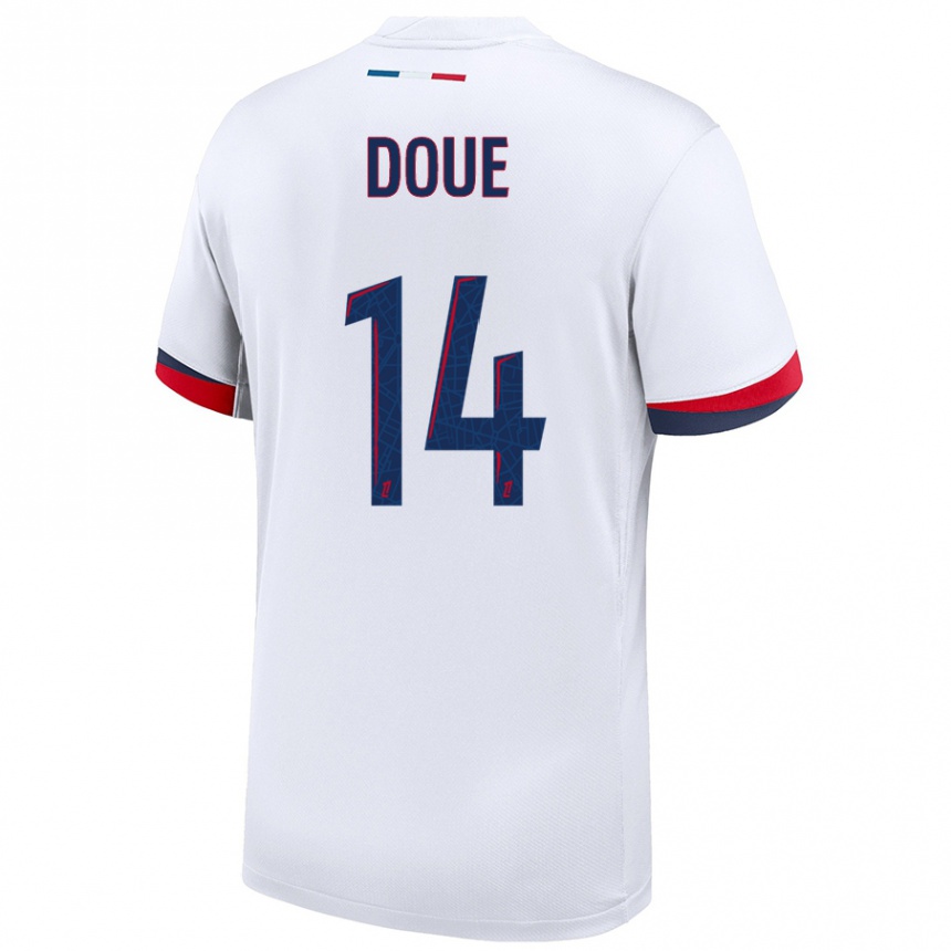 Kids Football Désiré Doué #14 White Blue Red Away Jersey 2024/25 T-Shirt