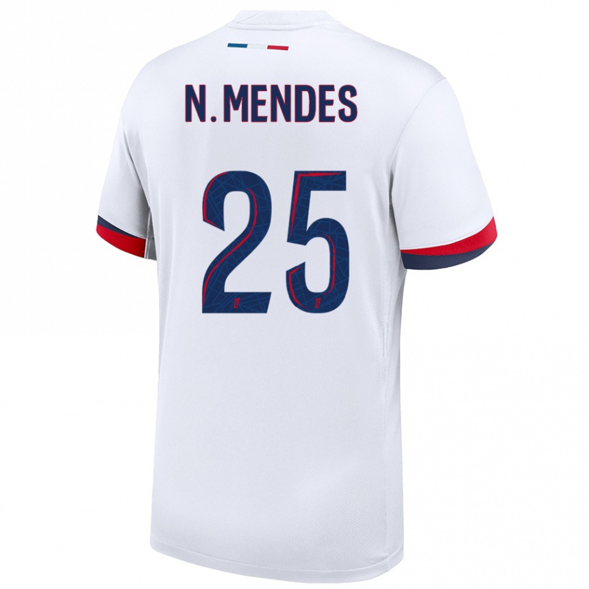 Kids Football Nuno Mendes #25 White Blue Red Away Jersey 2024/25 T-Shirt