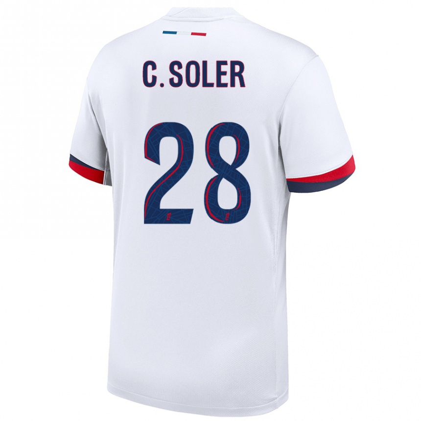 Kids Football Carlos Soler #28 White Blue Red Away Jersey 2024/25 T-Shirt