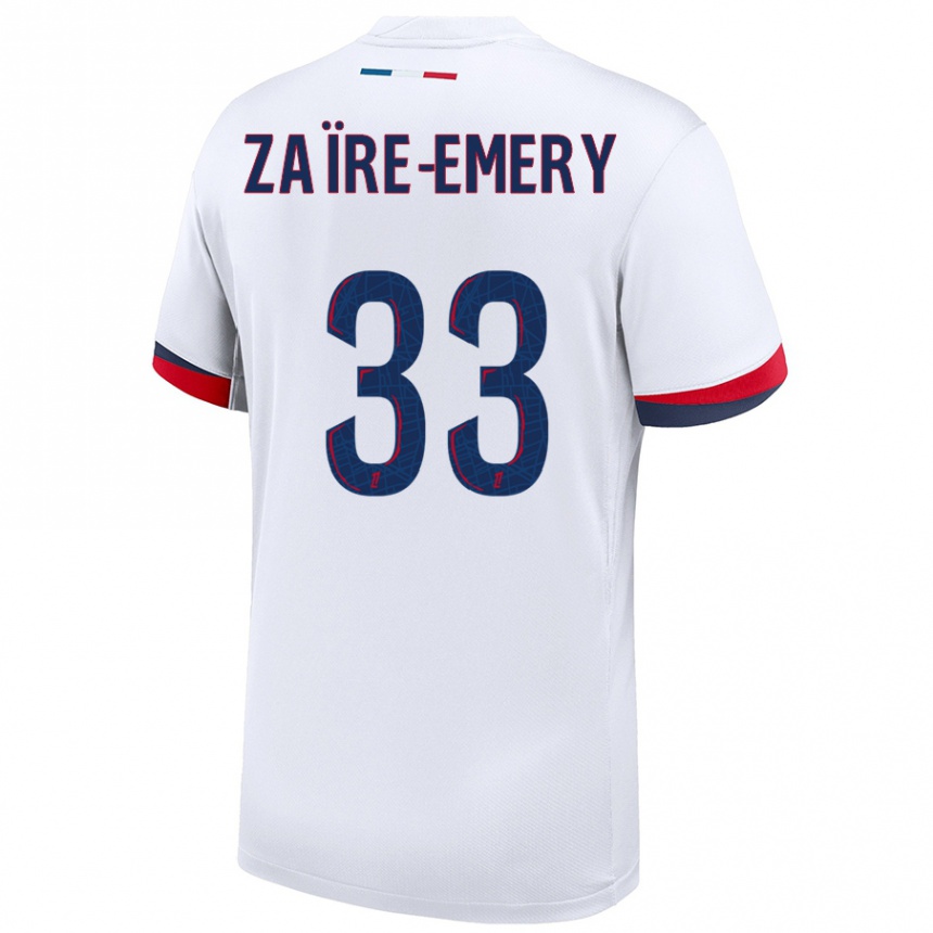 Kids Football Warren Zaire Emery #33 White Blue Red Away Jersey 2024/25 T-Shirt