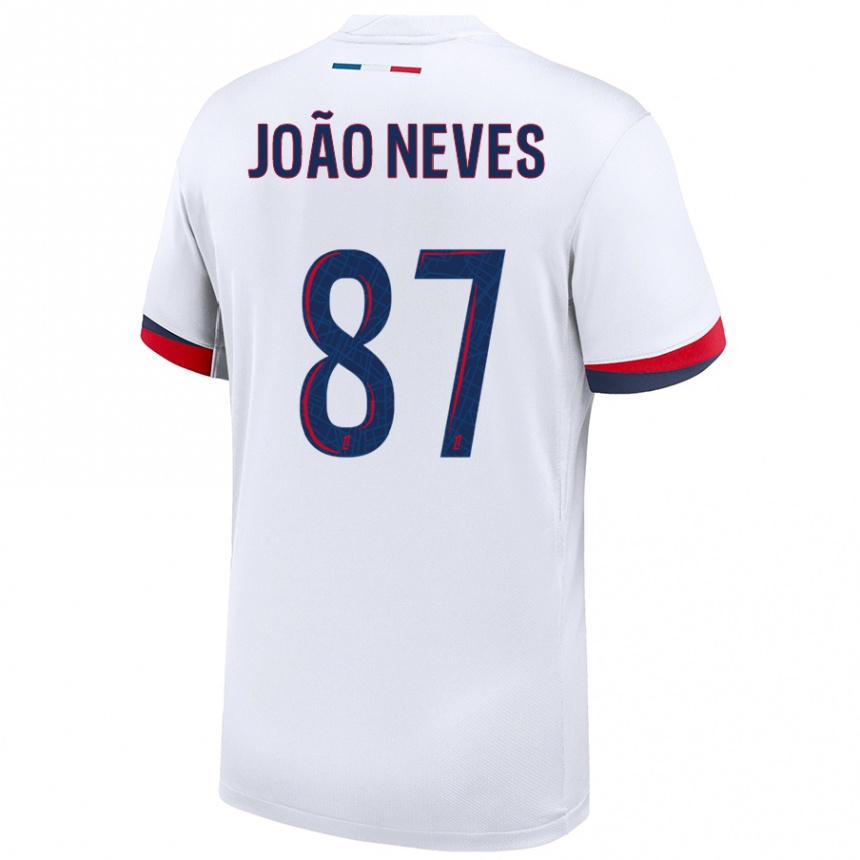 Kids Football João Neves #87 White Blue Red Away Jersey 2024/25 T-Shirt