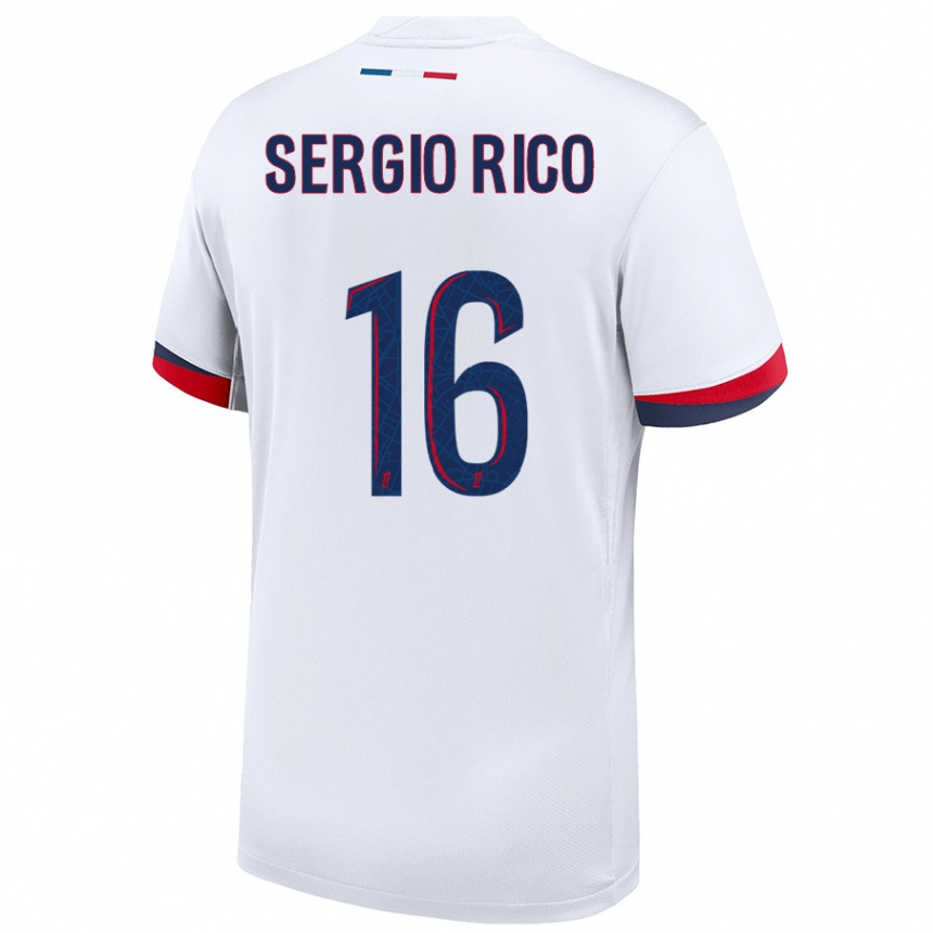 Kids Football Sergio Rico #16 White Blue Red Away Jersey 2024/25 T-Shirt