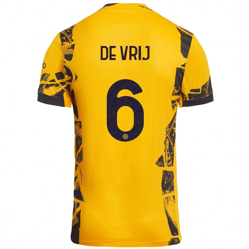 Kids Football Stefan De Vrij #6 Gold Black Third Jersey 2024/25 T-Shirt