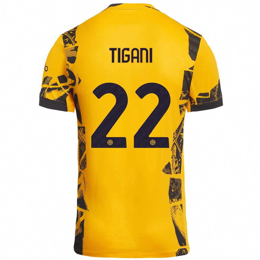 Kids Football Edoardo Tigani #22 Gold Black Third Jersey 2024/25 T-Shirt