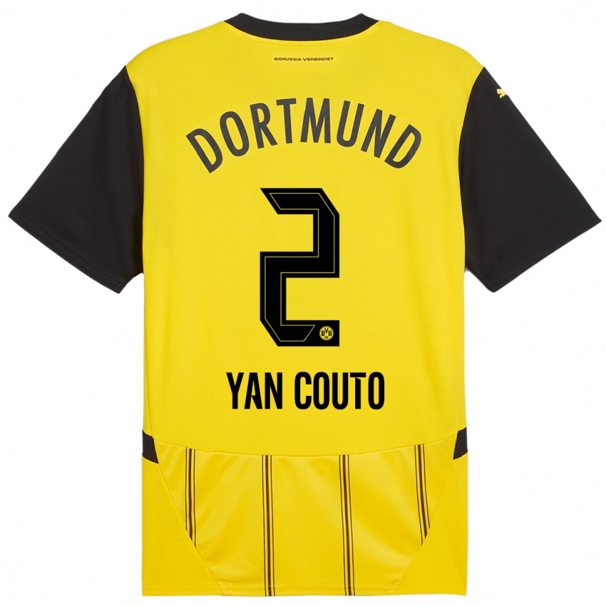 Kids Football Yan Couto #2 Yellow Black Home Jersey 2024/25 T-Shirt