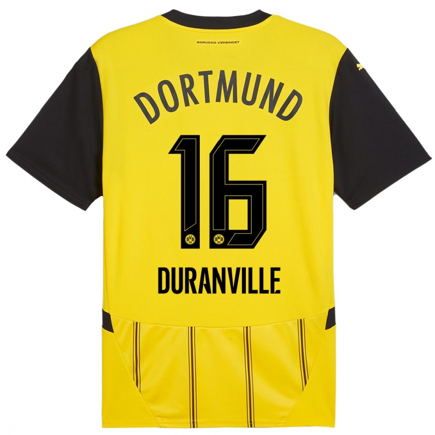 Kids Football Julien Duranville #16 Yellow Black Home Jersey 2024/25 T-Shirt