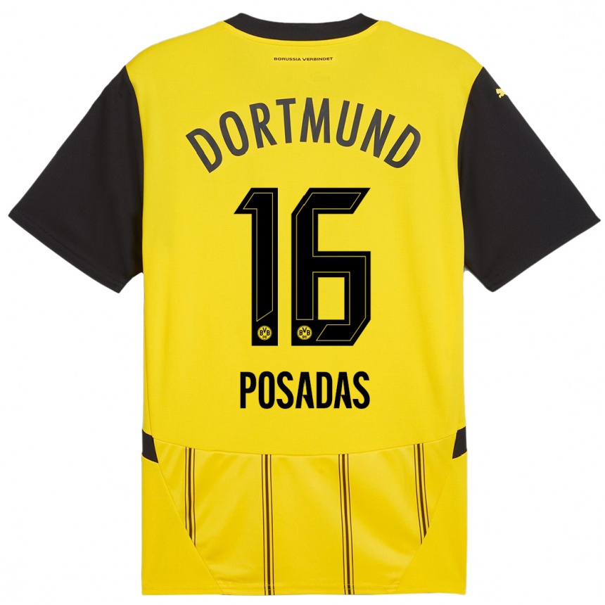 Kids Football Leonardo Posadas #16 Yellow Black Home Jersey 2024/25 T-Shirt