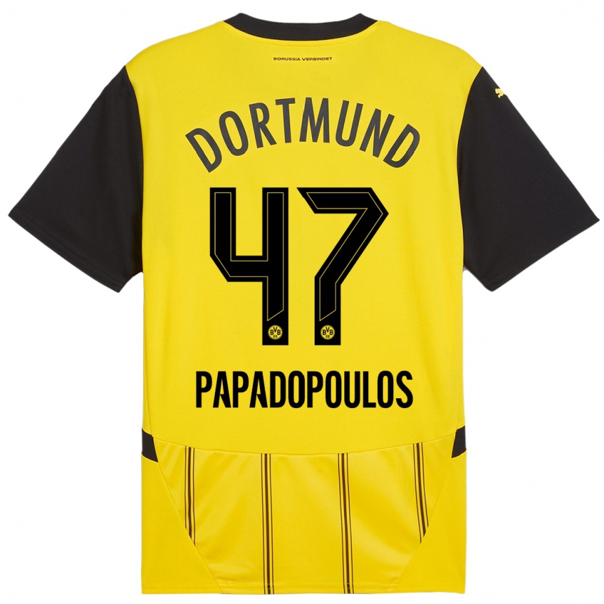 Kids Football Antonios Papadopoulos #47 Yellow Black Home Jersey 2024/25 T-Shirt