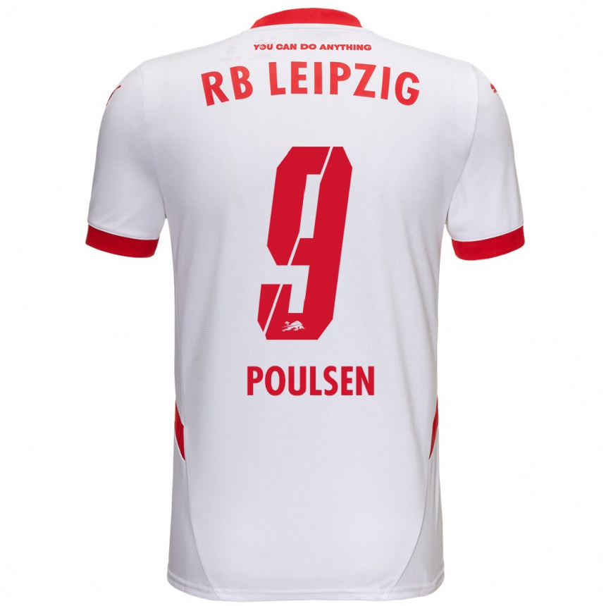 Kids Football Yussuf Poulsen #9 White Red Home Jersey 2024/25 T-Shirt