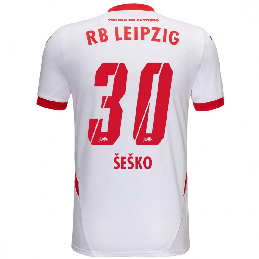 Kids Football Benjamin Sesko #30 White Red Home Jersey 2024/25 T-Shirt