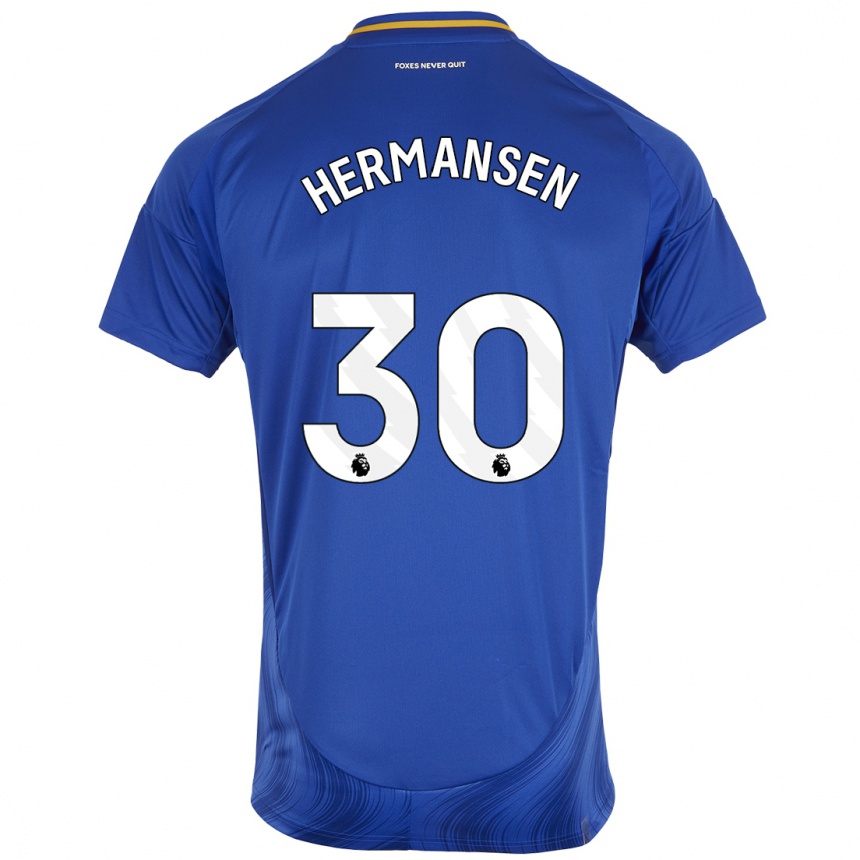 Kids Football Mads Hermansen #30 Blue White Home Jersey 2024/25 T-Shirt