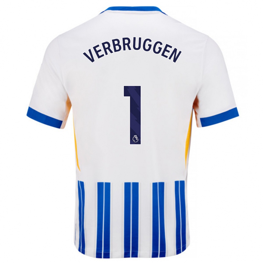 Kids Football Bart Verbruggen #1 White Blue Pinstripes Home Jersey 2024/25 T-Shirt