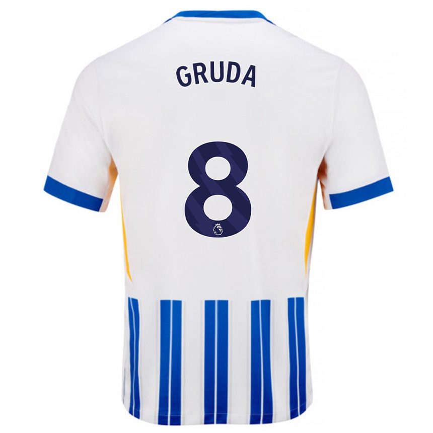 Kids Football Brajan Gruda #8 White Blue Pinstripes Home Jersey 2024/25 T-Shirt