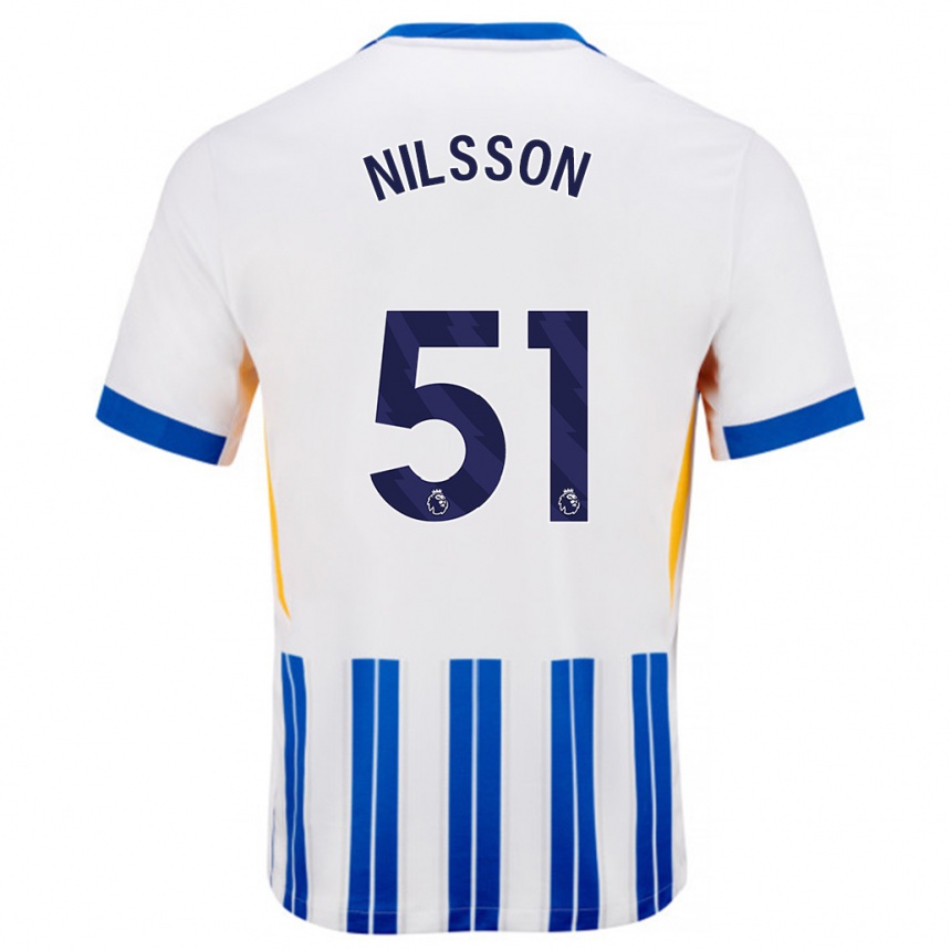 Kids Football Casper Nilsson #51 White Blue Pinstripes Home Jersey 2024/25 T-Shirt