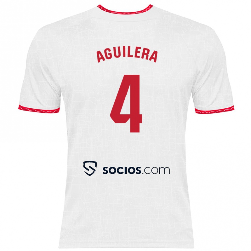 Kids Football Juanan Aguilera #4 White Red Home Jersey 2024/25 T-Shirt