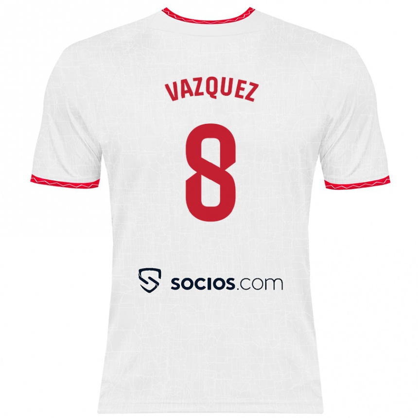 Kids Football Manolo Vázquez #8 White Red Home Jersey 2024/25 T-Shirt