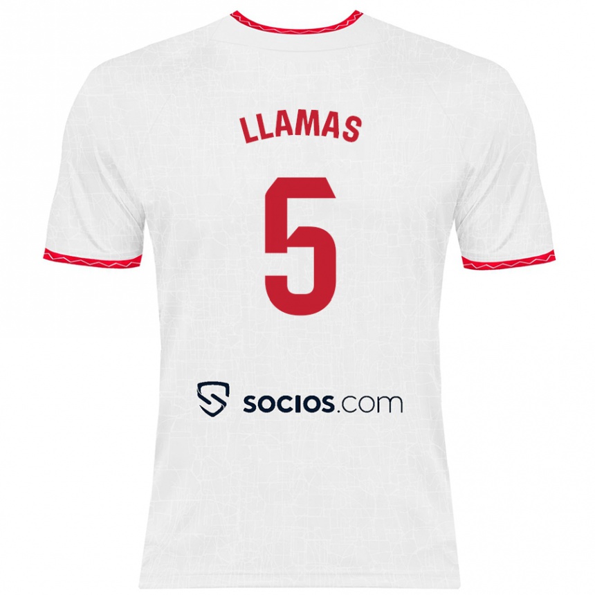 Kids Football Eva Llamas Hernández #5 White Red Home Jersey 2024/25 T-Shirt