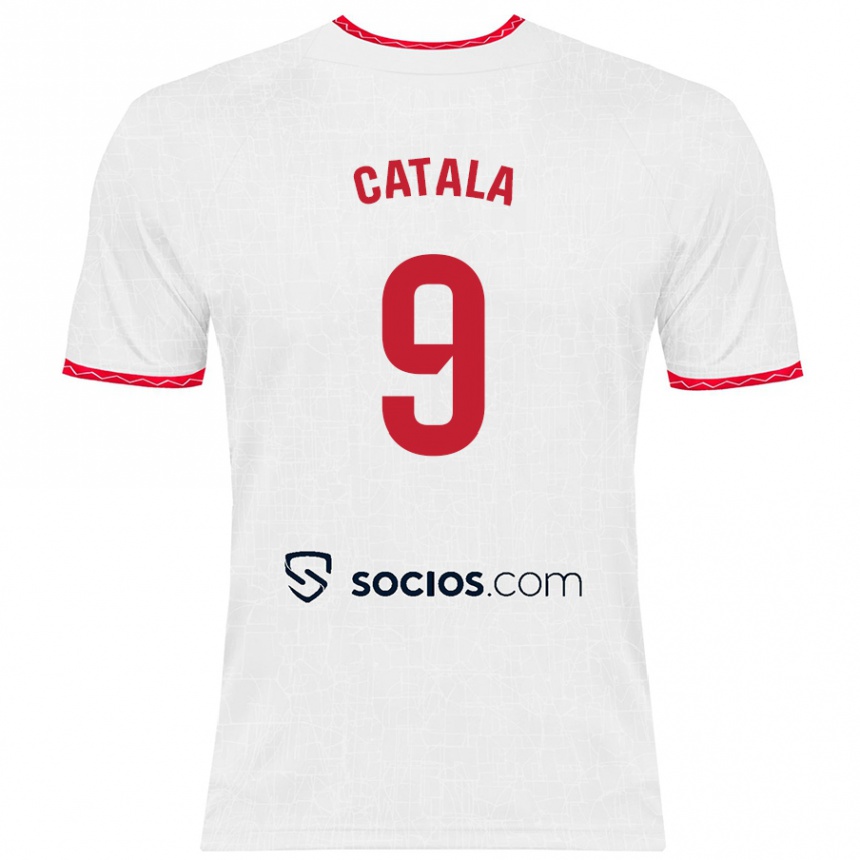 Kids Football Rubén Catalá #9 White Red Home Jersey 2024/25 T-Shirt