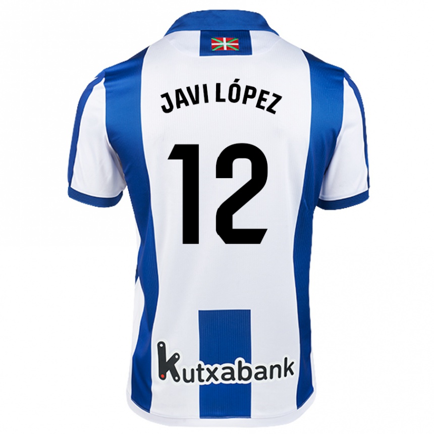 Kids Football Javi López #12 White Blue Home Jersey 2024/25 T-Shirt