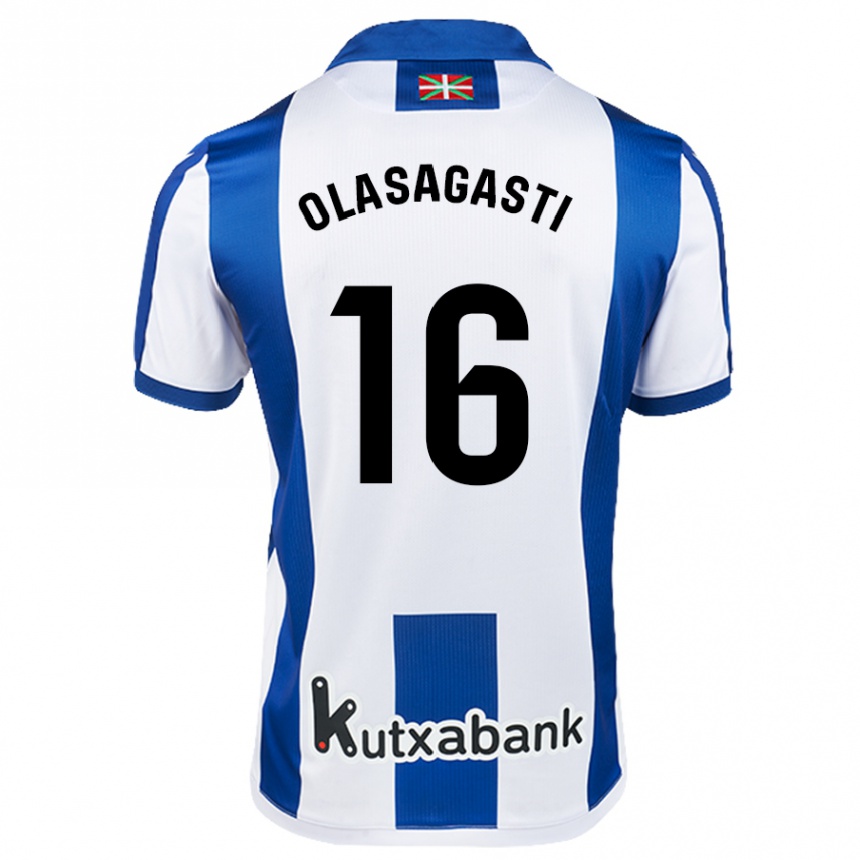 Kids Football Jon Ander Olasagasti #16 White Blue Home Jersey 2024/25 T-Shirt