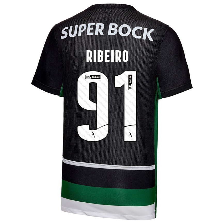 Kids Football Rodrigo Ribeiro #91 Black White Green Home Jersey 2024/25 T-Shirt