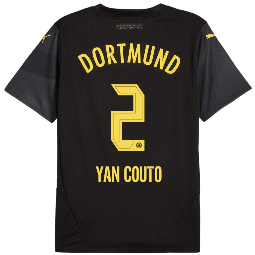 Kids Football Yan Couto #2 Black Yellow Away Jersey 2024/25 T-Shirt