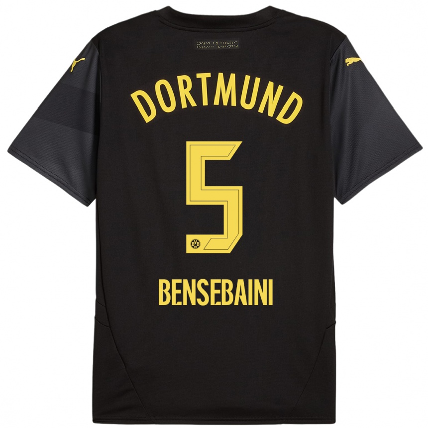 Kids Football Ramy Bensebaini #5 Black Yellow Away Jersey 2024/25 T-Shirt