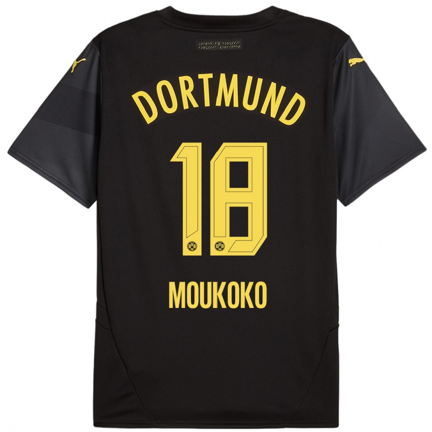 Kids Football Youssoufa Moukoko #18 Black Yellow Away Jersey 2024/25 T-Shirt