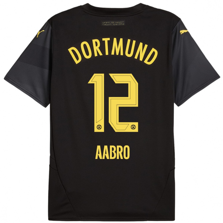 Kids Football Gustav Aabro #12 Black Yellow Away Jersey 2024/25 T-Shirt