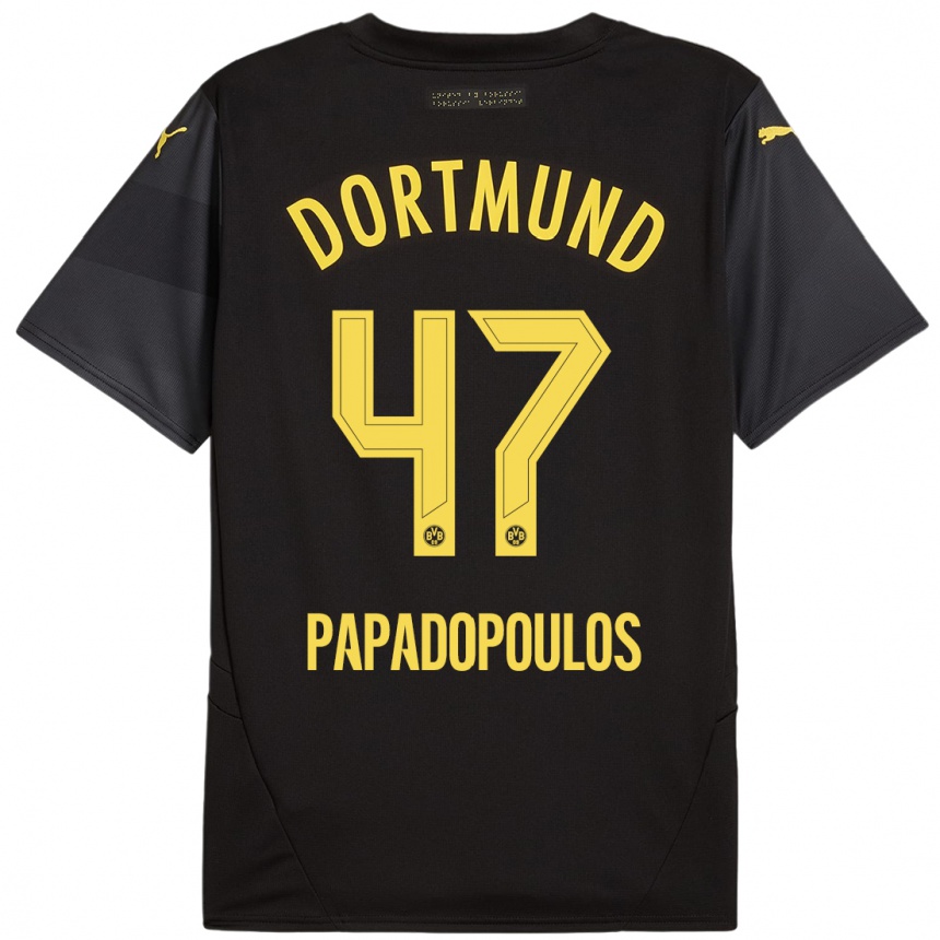 Kids Football Antonios Papadopoulos #47 Black Yellow Away Jersey 2024/25 T-Shirt